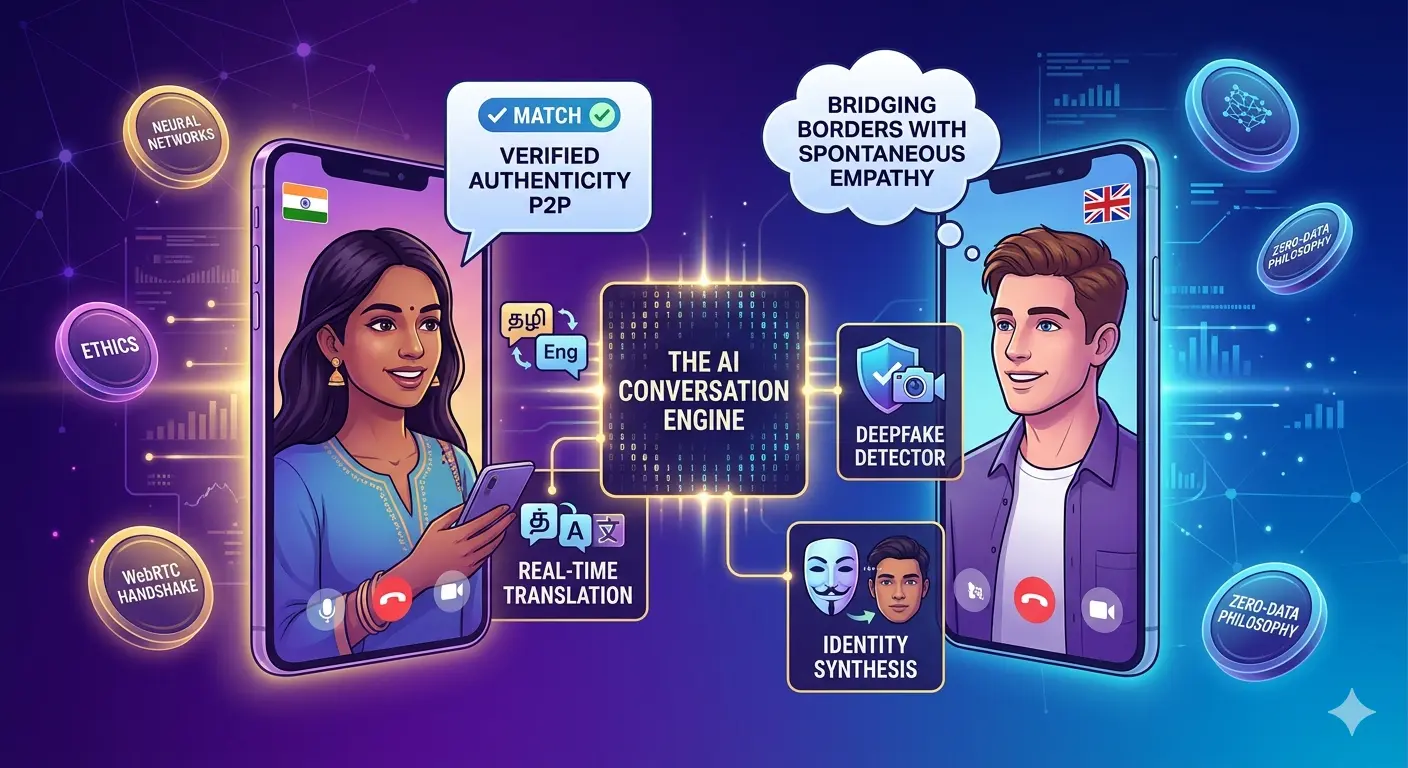 A digital interface showing AI translation and deepfake detection between global chat users