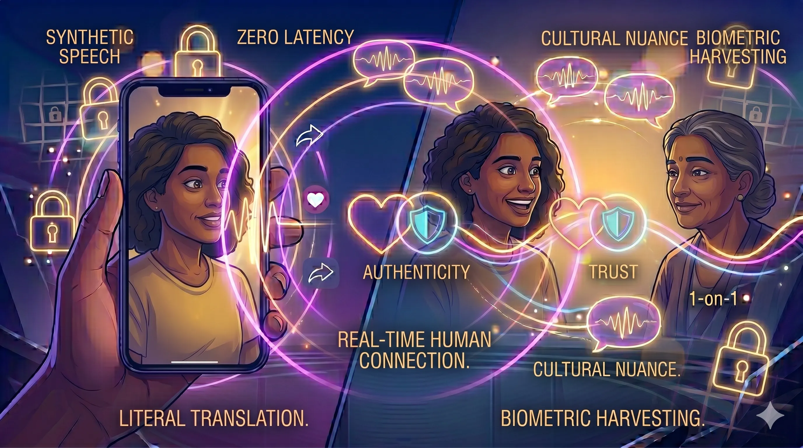 Conceptual illustration of AI translating speech between two people globally