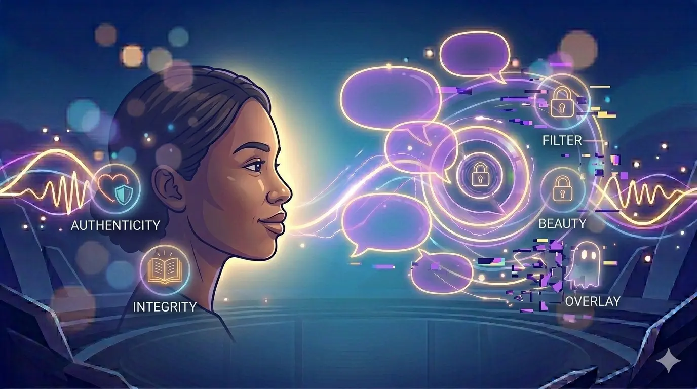 Conceptual split-screen showing AI filter vs raw human authenticity