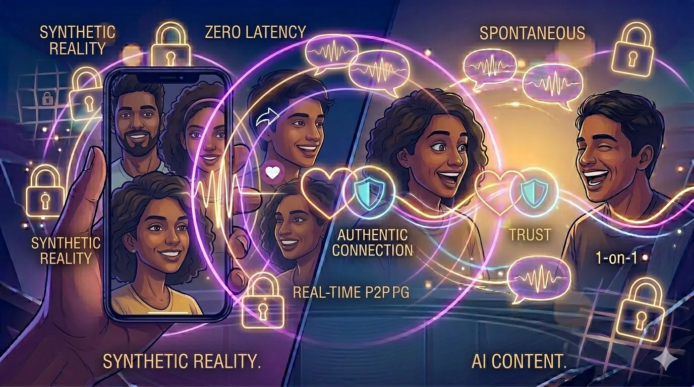 Conceptual illustration of human connection versus AI synthetic imagery