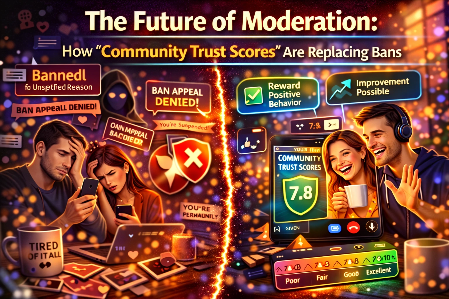 Conceptual illustration of digital community trust scores regulating an online ecosystem
