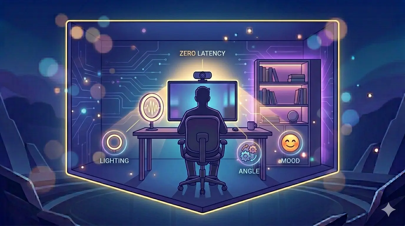 A clean, beautifully lit home studio desk set up for video chat