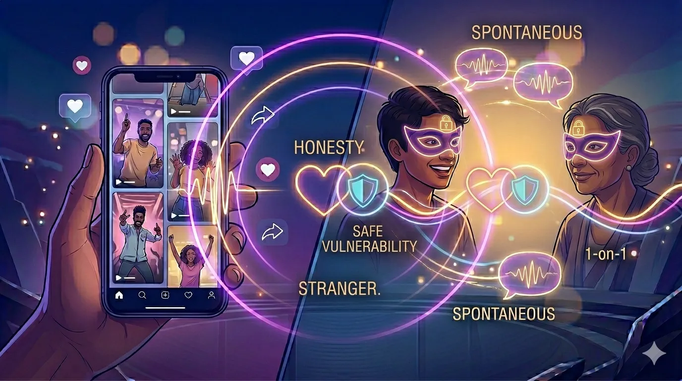 Conceptual illustration of two anonymous faces sharing glowing secrets across a digital divide