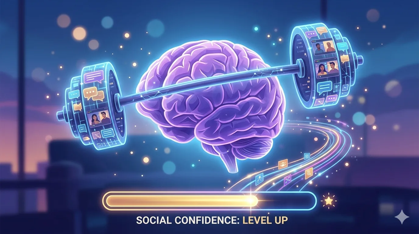 A glowing brain lifting a dumbbell made of chat bubbles