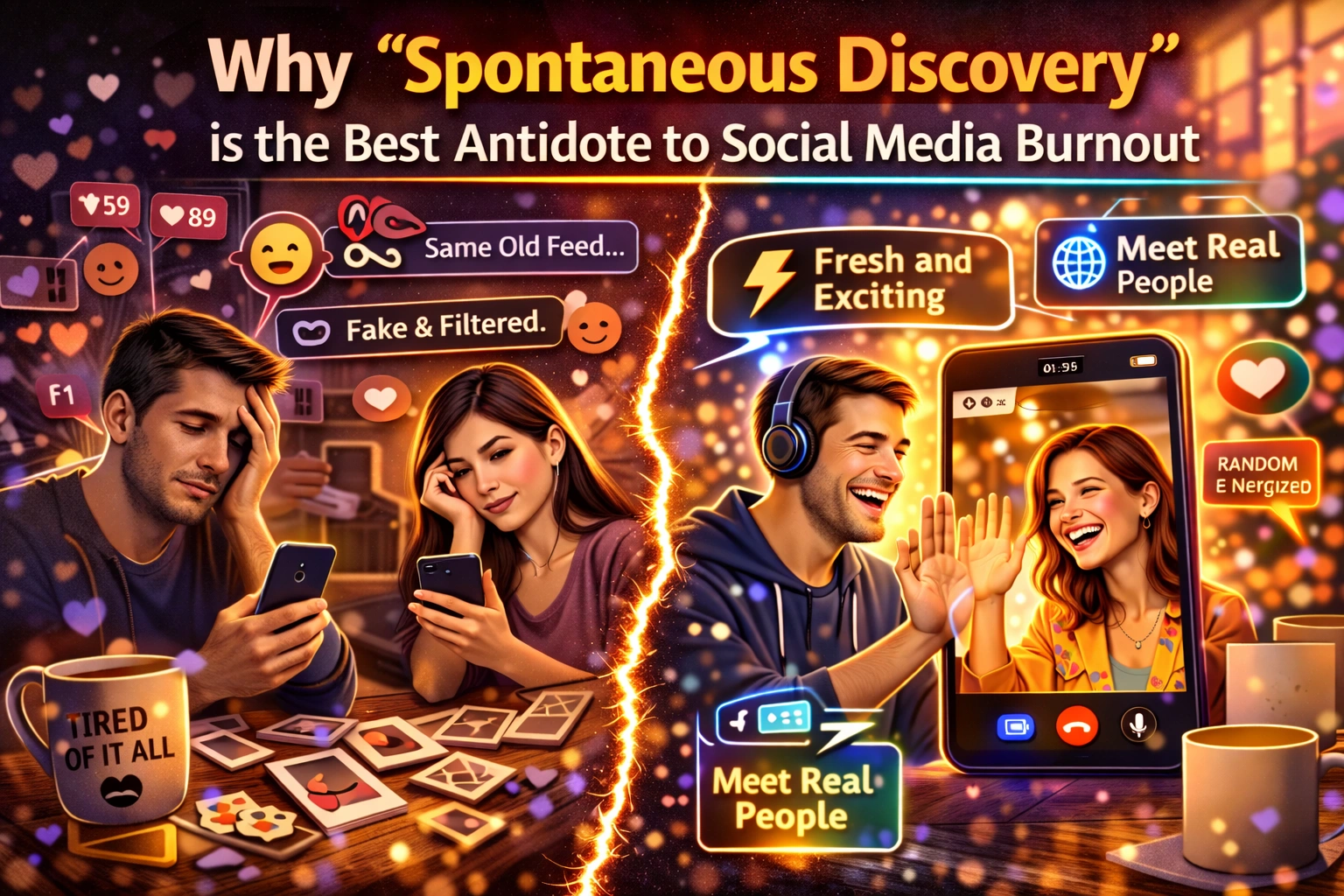 Conceptual illustration of a user breaking free from the algorithmic scroll to engage in genuine face-to-face video chat