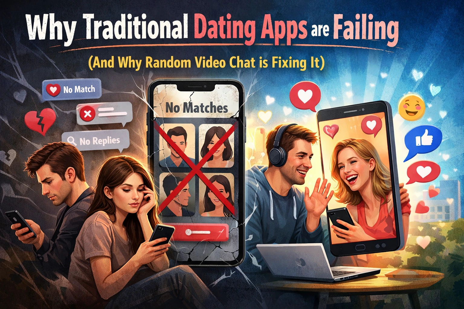Conceptual illustration showing the transition from swipe-based dating apps to authentic real-time video connections