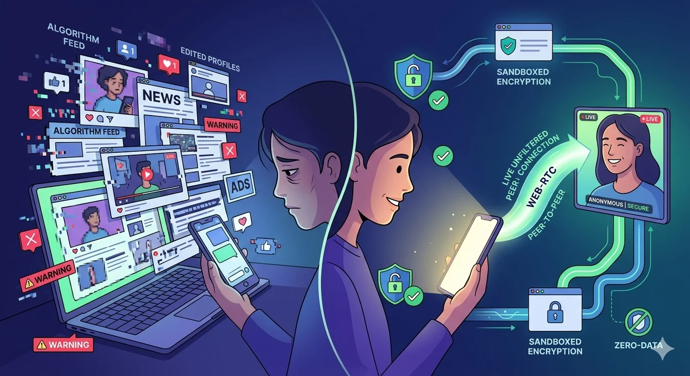 Illustration showing a person escaping a cluttered algorithm feed into a bright, clear WebRTC video chat connection