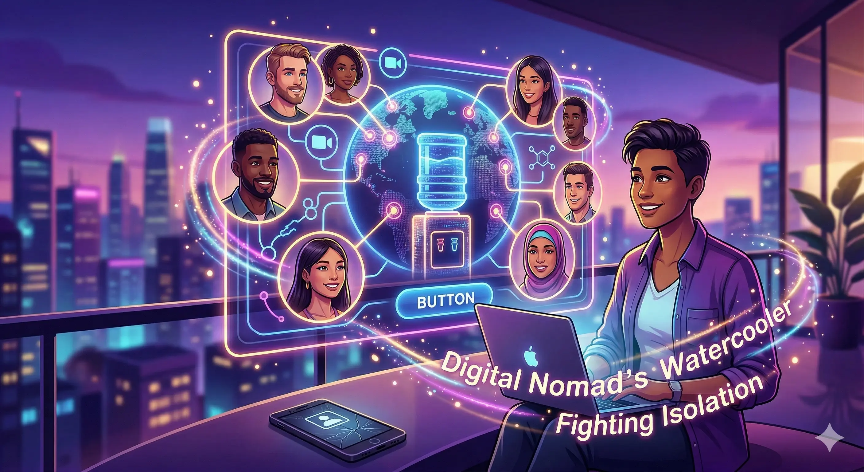 A digital nomad on a balcony connected to a global network of faces through a glowing watercooler interface