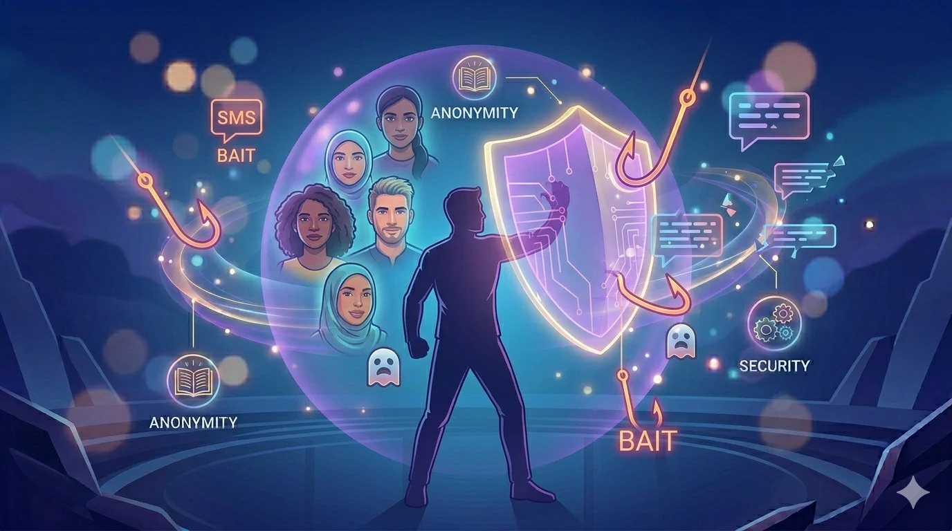 A user holding a glowing shield against deceptive digital hooks
