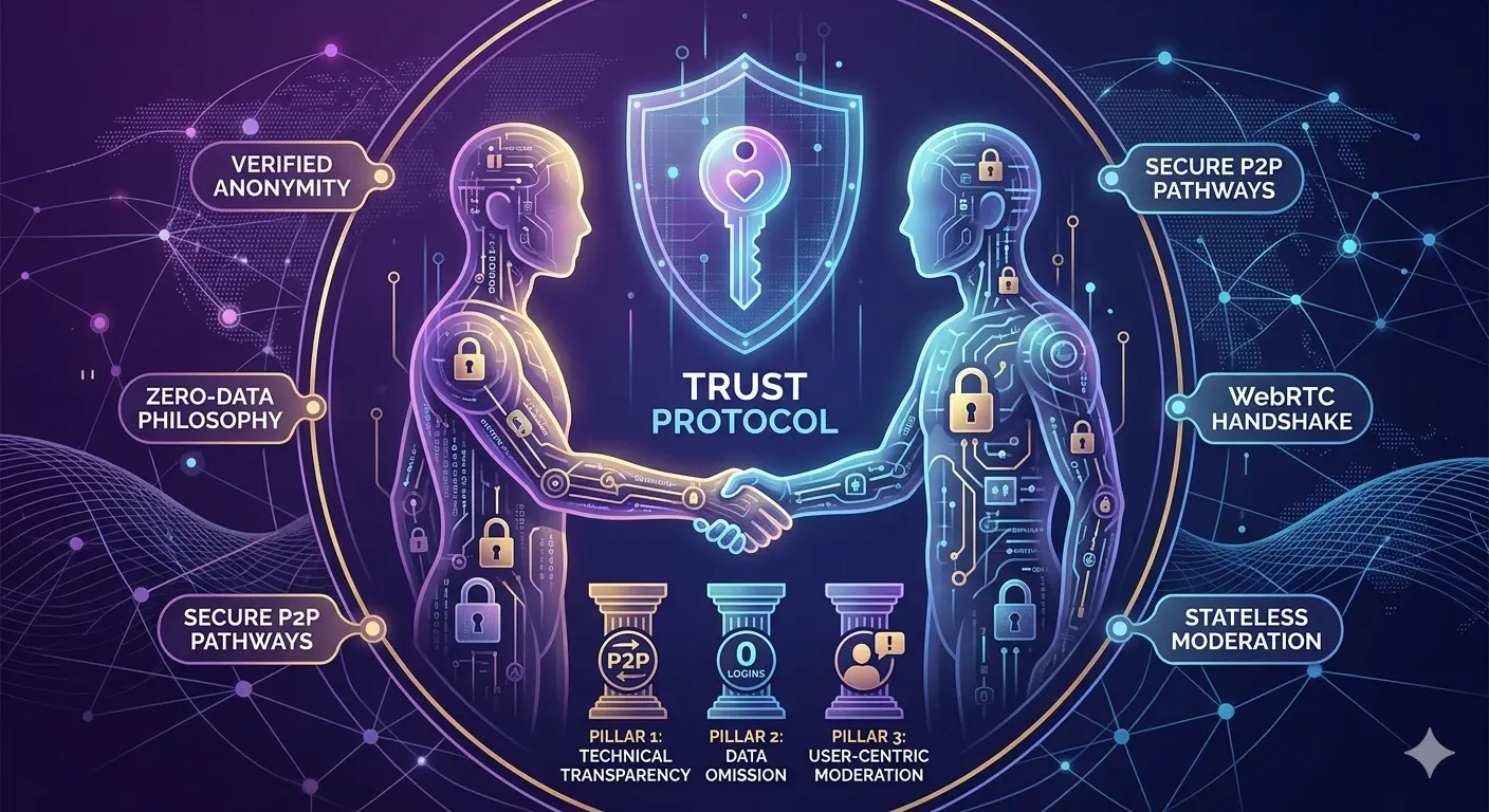 A digital handshake between two transparent figures symbolizing secure P2P trust