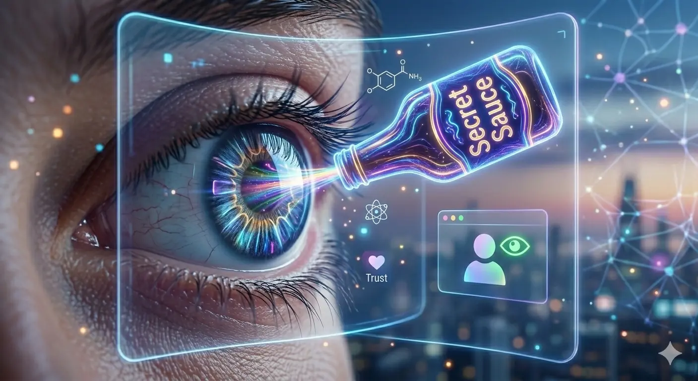 Two digital avatars connected by a beam of light originating from their eyes
