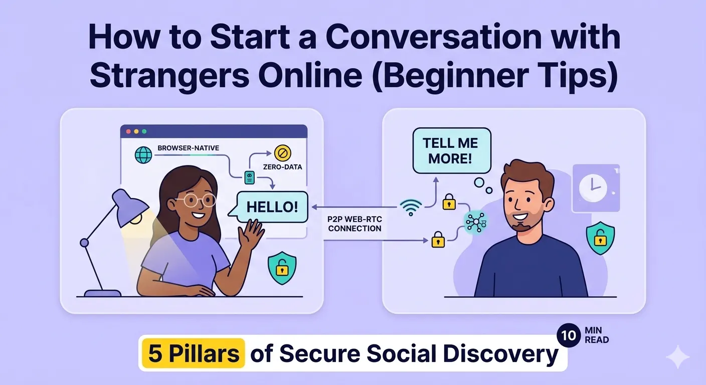 Illustration of two people connecting via a secure P2P WebRTC video chat with a 'Hello' speech bubble