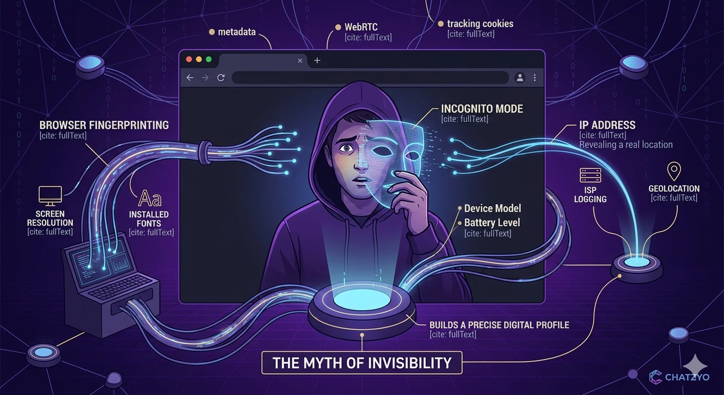 Conceptual illustration of the incognito mode myth and digital fingerprinting risks