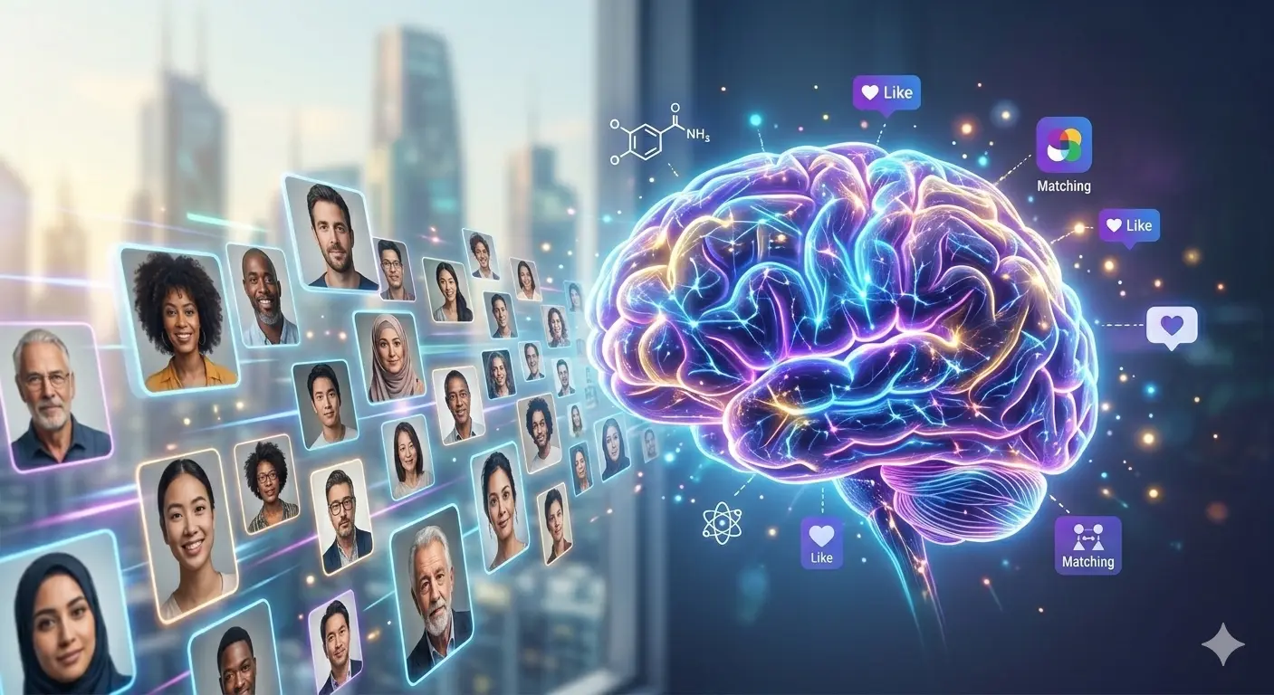 A cascading river of diverse global faces flowing toward an illuminated human brain