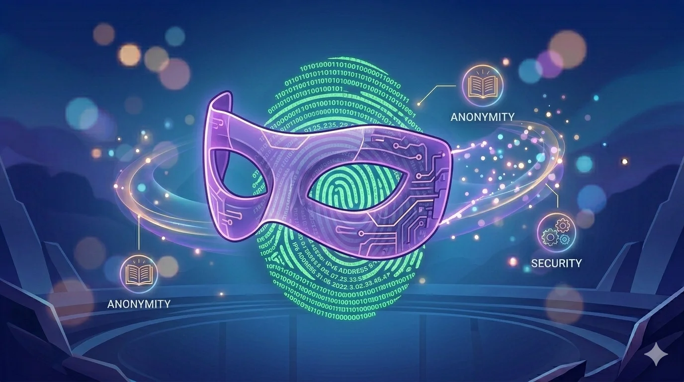 A glowing digital fingerprint dissolving into an anonymous stream of binary data