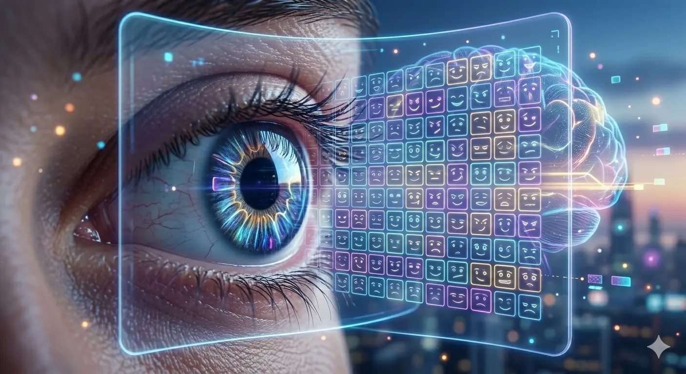 Human eye analyzing a digital grid of 180 micro-expressions on a video screen