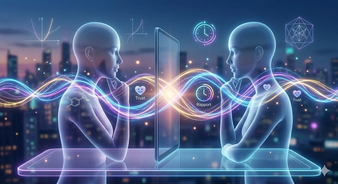 Two translucent silhouettes perfectly mirroring their body language across a digital divide