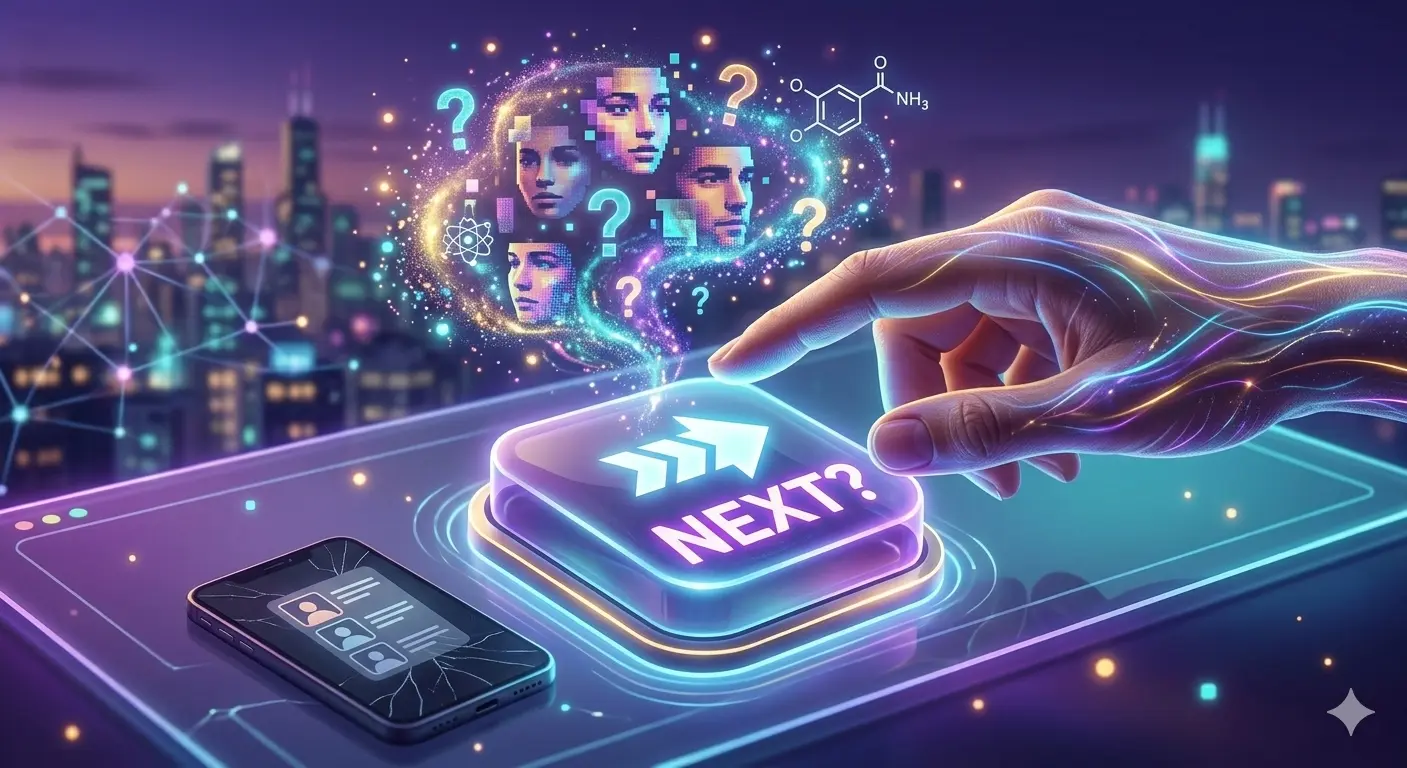 A glowing 'Next' button surrounded by a colorful nebula of digital possibilities