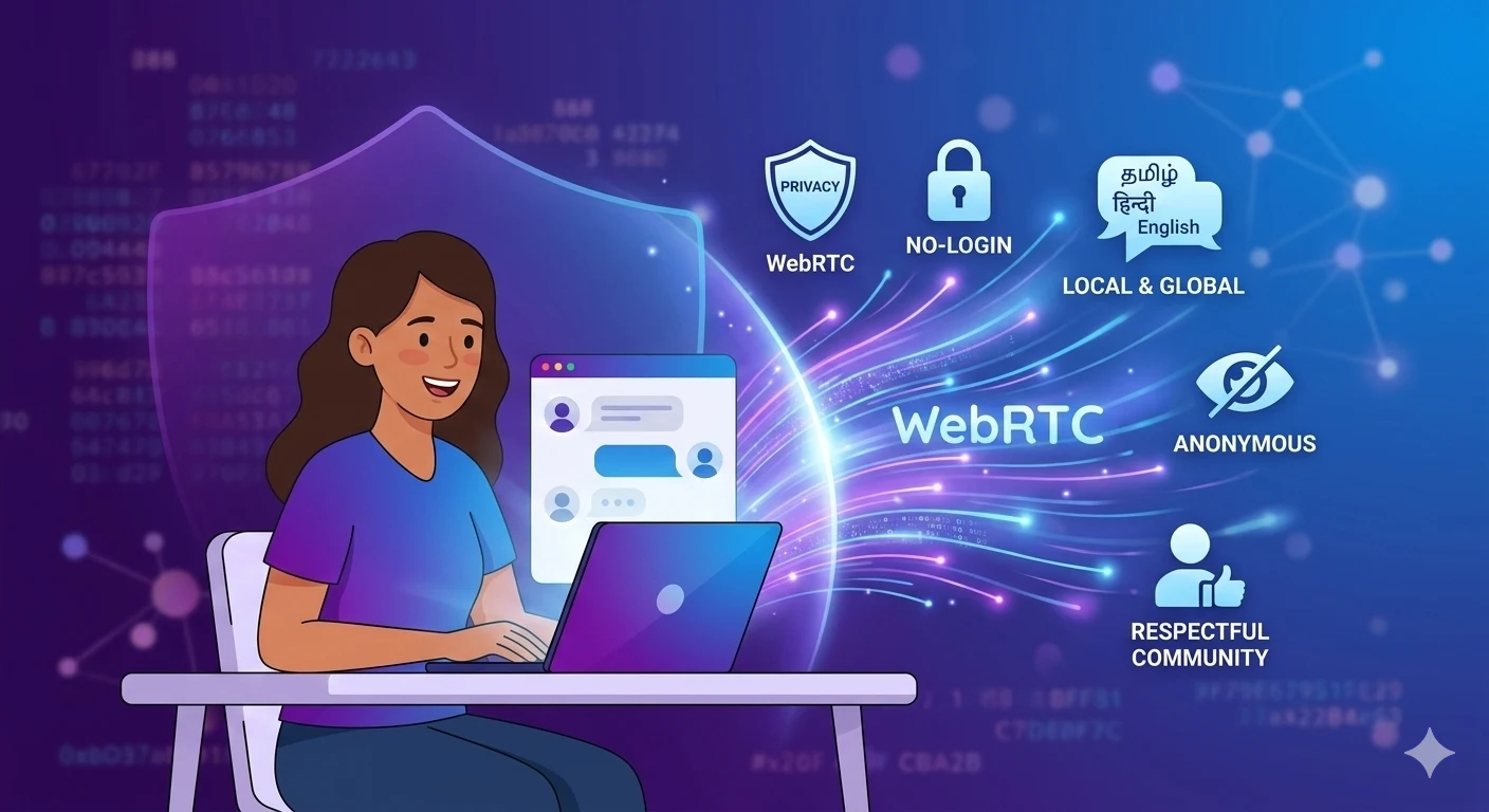 Woman safely chatting on a laptop with privacy icons