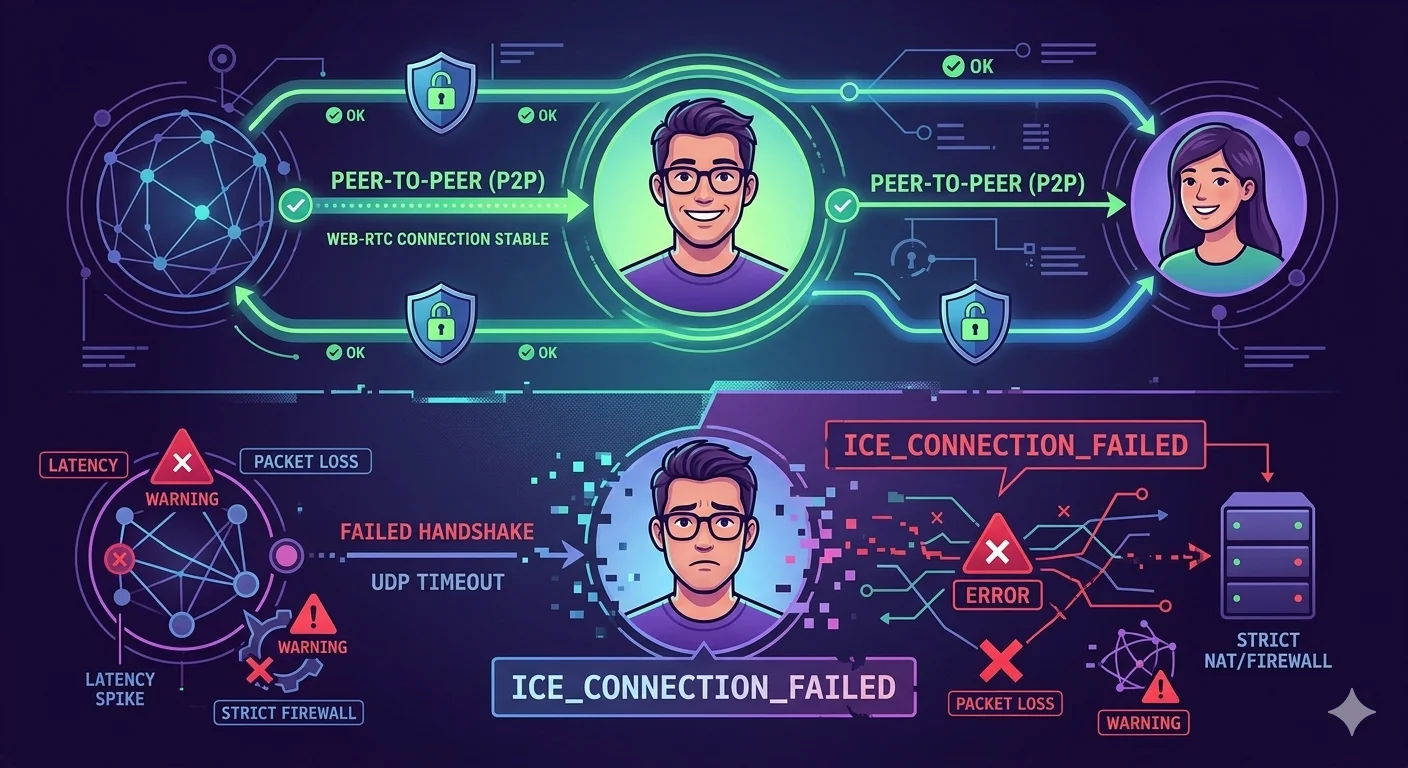 Technical diagram showing a stable P2P WebRTC connection vs a failed ICE handshake error