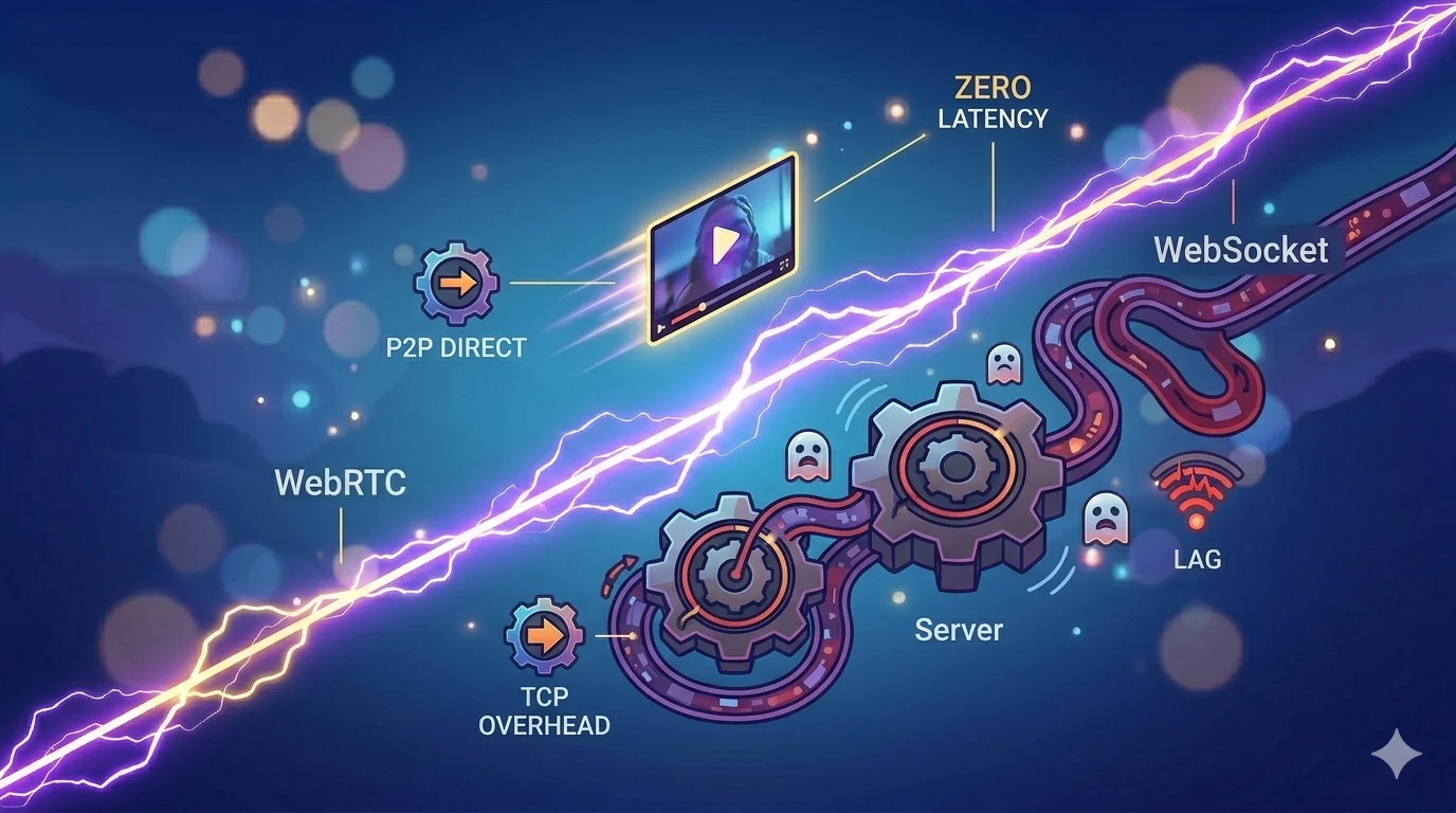 Technical illustration comparing WebRTC Peer-to-Peer connection to WebSocket server routing